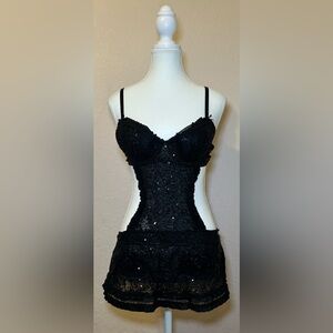 Victoria’s Secret Sexy Little Things Black Sequin Lace Maid Lingerie Set 34C‎ 🖤